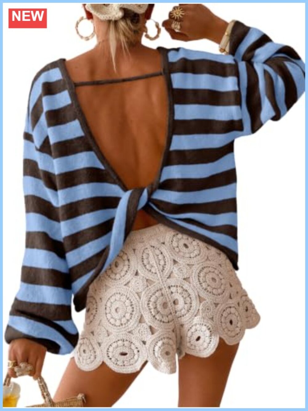 Striped Open Back Sweater Twist Knot Back Slouchy Knit Pullover
